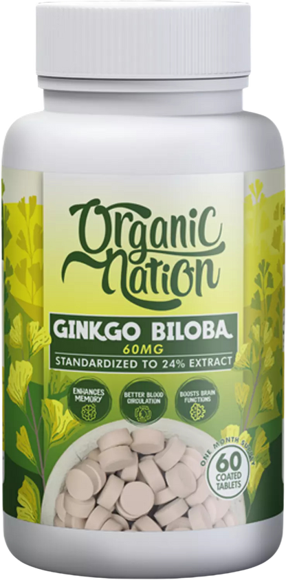 Organic Nation Ginkgo Biloba 60MG-60Serv.-60Coated Tablets